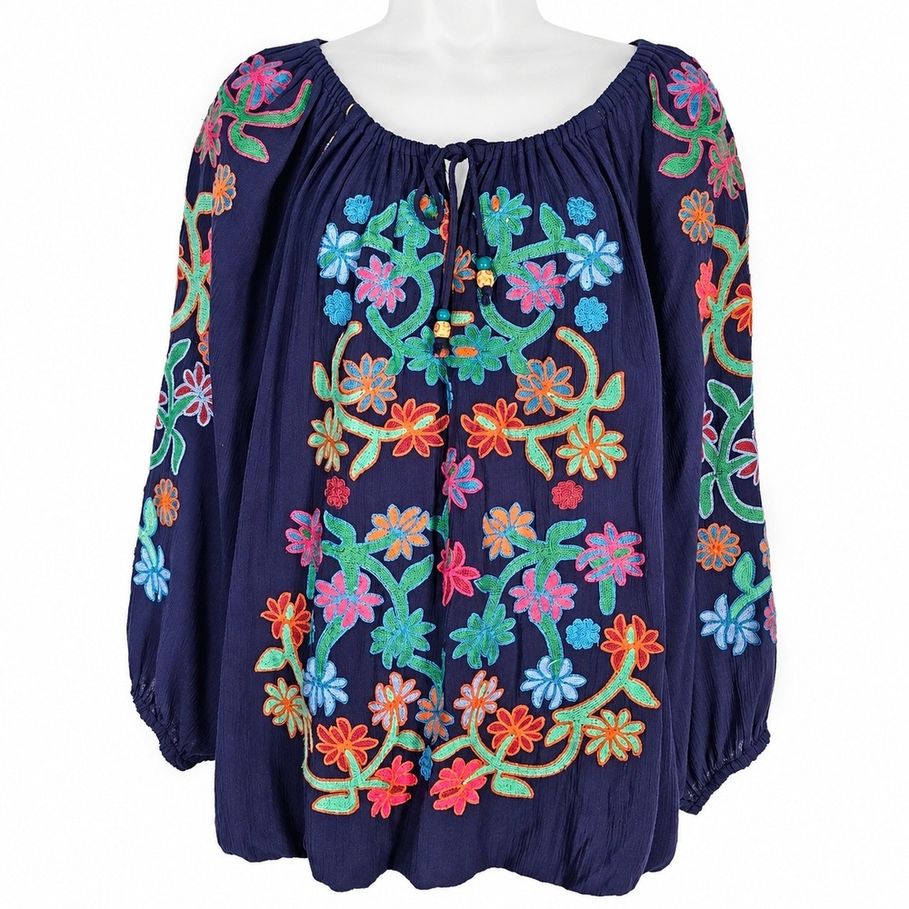 John Mark Top Womens L Navy Floral Embroidered Boho Peasant Cottagecore Beachy